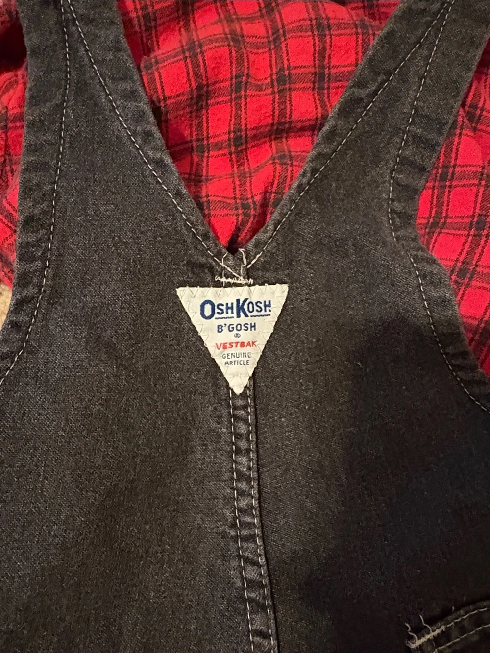 OshKosh B'gosh Black Denim Overalls with Red Plaid Accents